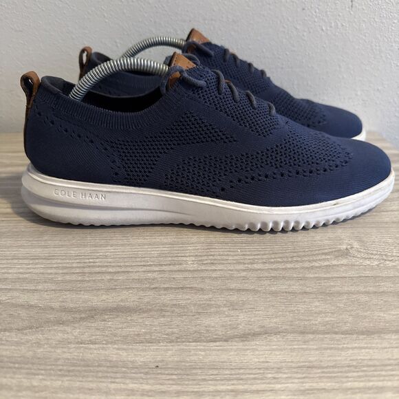 Cole Haan Grand Stretch Knit Wing Tip Oxford Shoes Navy Blue C37369 Sz 10 - Picture 1 of 11